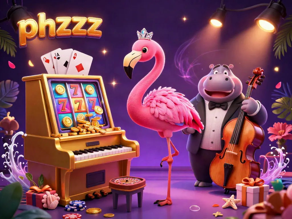 Engage with phzzz in a vibrant slot casino atmosphere featuring lively characters and game elements.