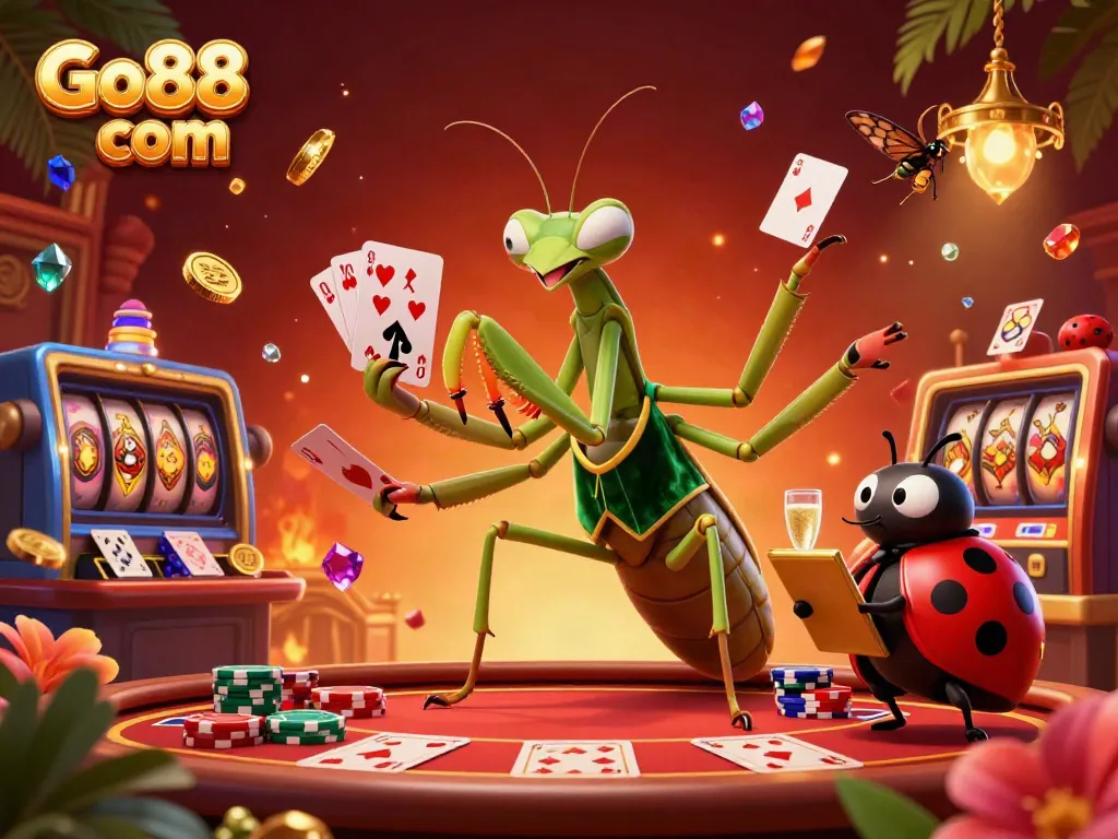 Engage in thrilling gameplay at Go88 com with vibrant casino action featuring a giant praying mantis and colorful gaming elements.